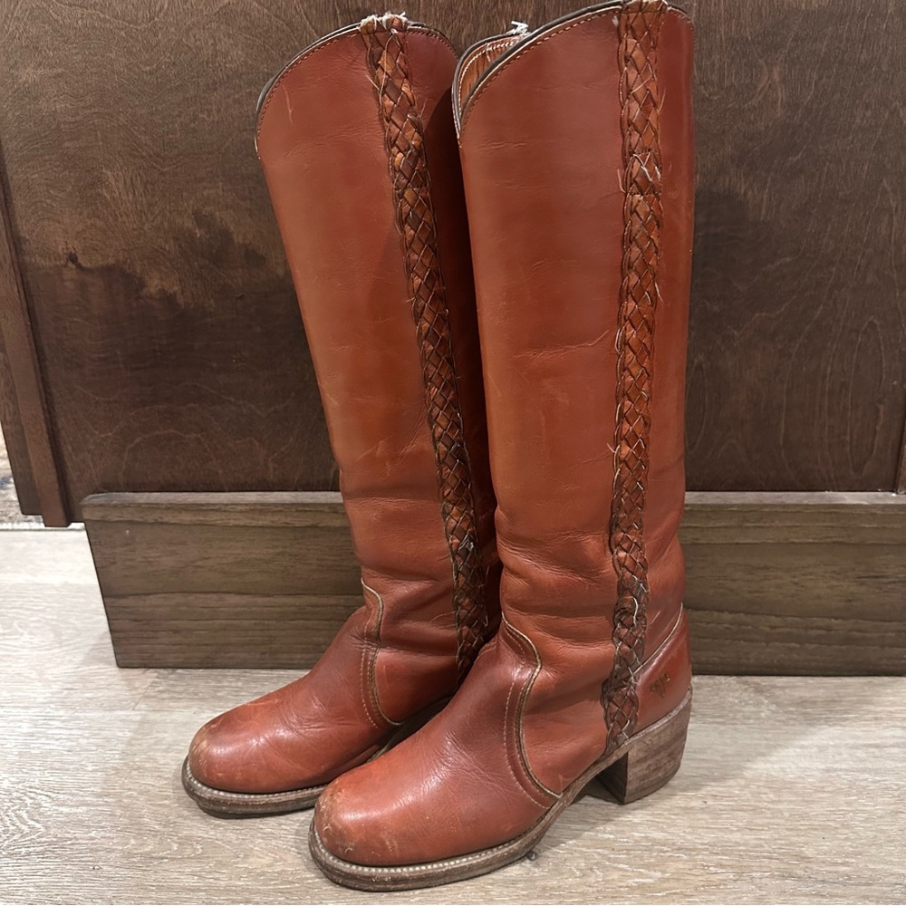 Frye Vintage Braided Sabrina Amber Brown Knee High Tall Boot Women's size 6 - Picture 2 of 16